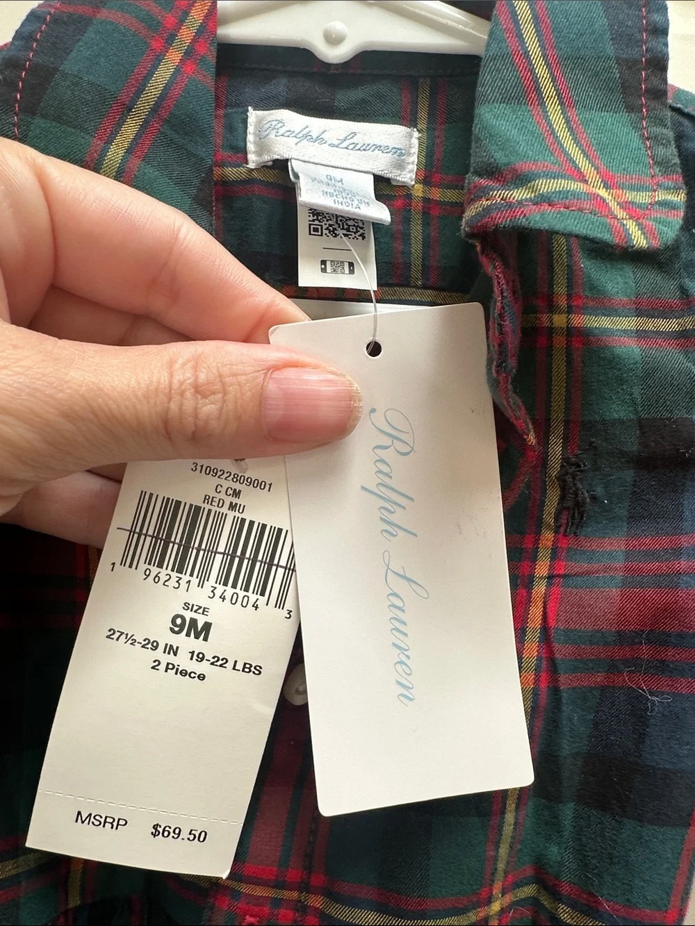 Ralph Lauren size 9 months Red and Green Plaid Button-Front Dress with Tie Waist